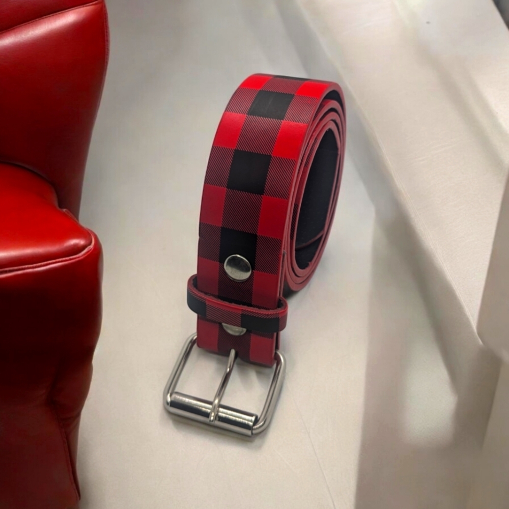 Genuine Leather belt with Red Plaid design